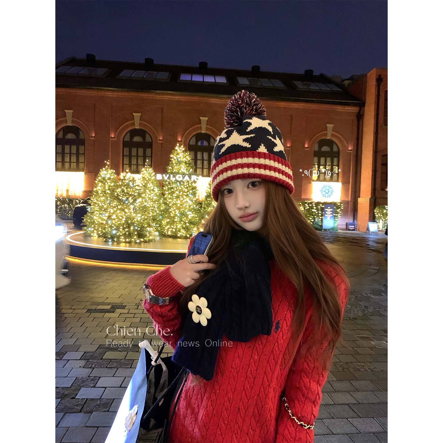 车迟恩Chien“英区outfit”自带圣诞vibes千金感绞花刺绣针织毛衣