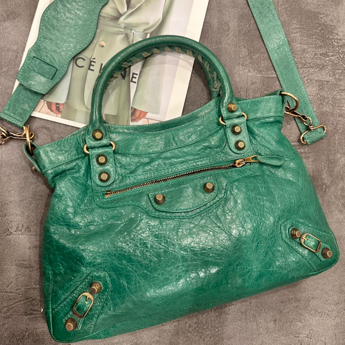 95新 Balenciaga/巴黎世家 油蜡中古祖母绿机车包 51215