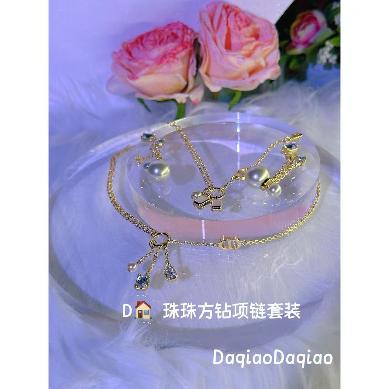铜合金合成锆石项链 D家 珠珠方钻项链套装 00A136