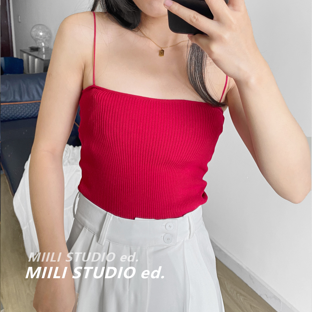 Miili时髦基础款坑条平口吊带背心修身显瘦冰丝吊带打底衫内搭