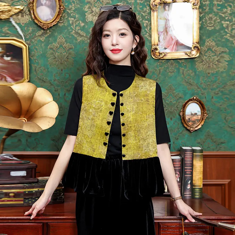 新中式国风丝绒拼接马甲女2025秋新款龟裂纹无袖上衣坎肩