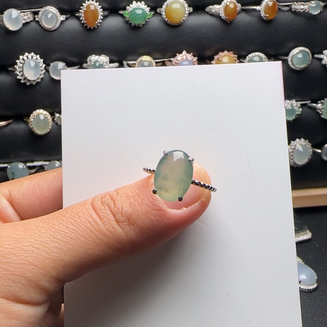 翡翠戒指银S925镶嵌天然缅甸A货翡翠