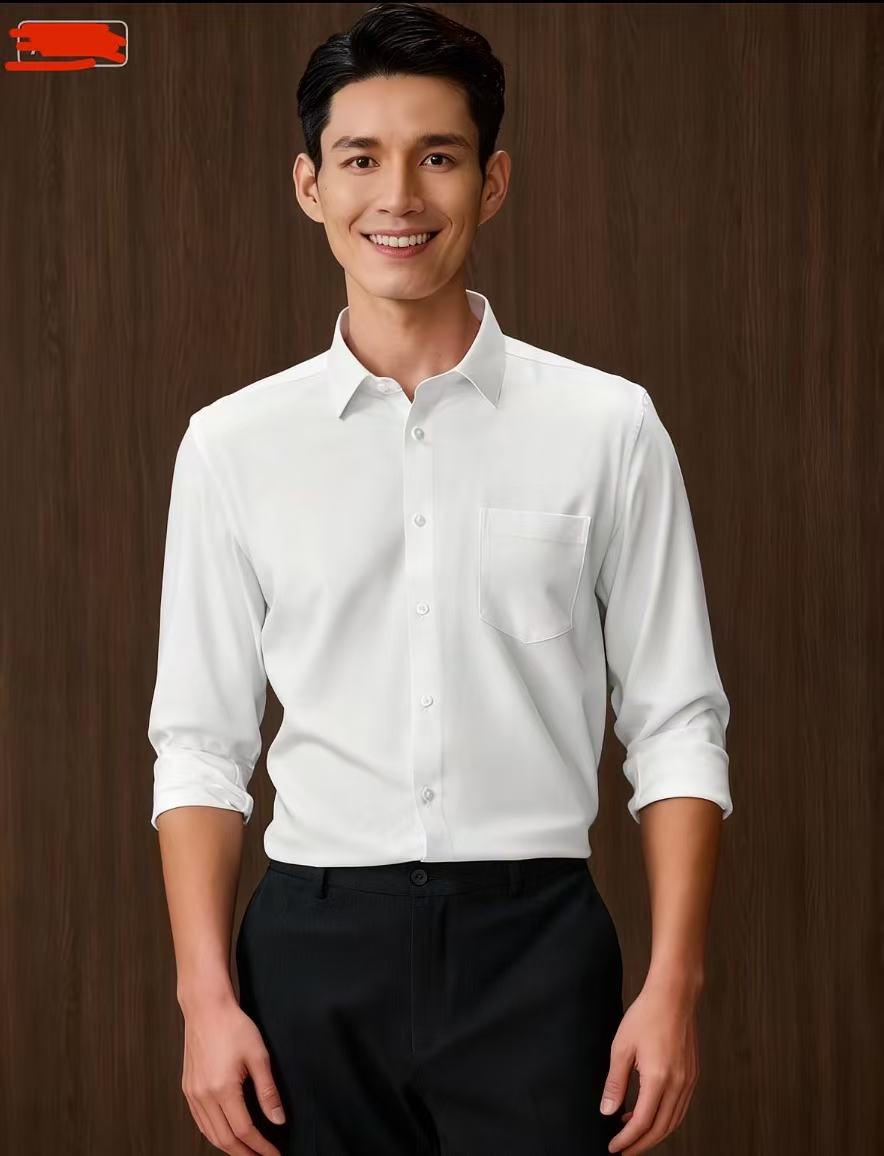 H男士剪标纯白漂白长袖免烫免熨烫商务男士衬衫高级商务衬衫白色