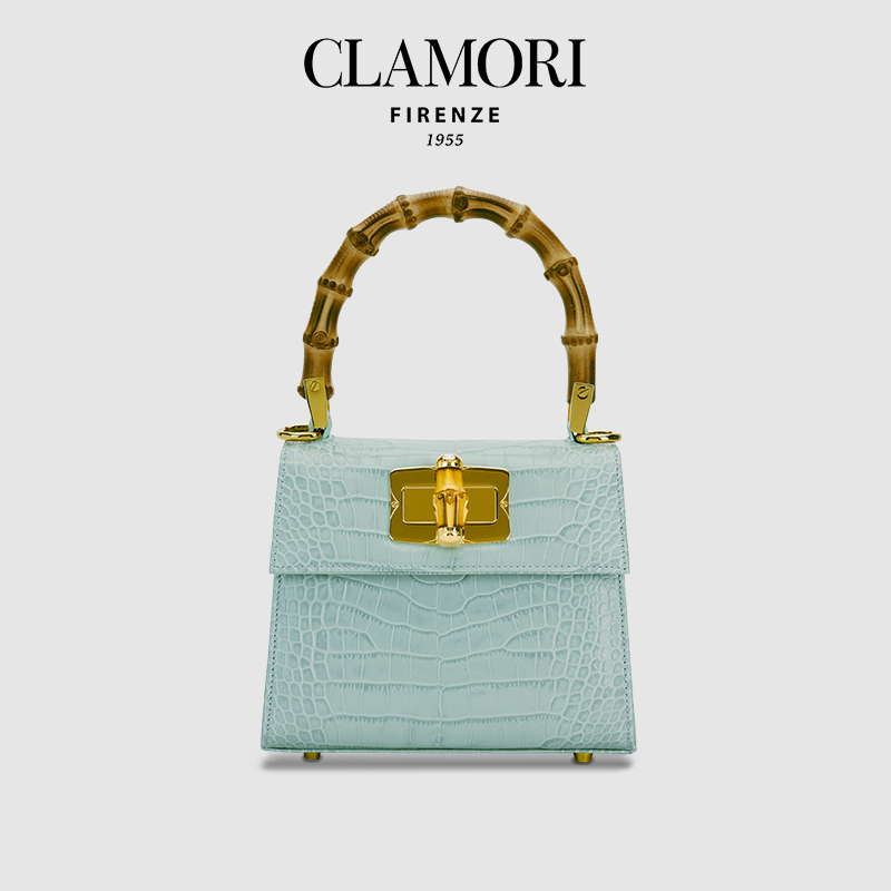 CLAMORI意大利新款baby蓝正品小鳄鱼纹小牛皮高级感轻奢竹节包