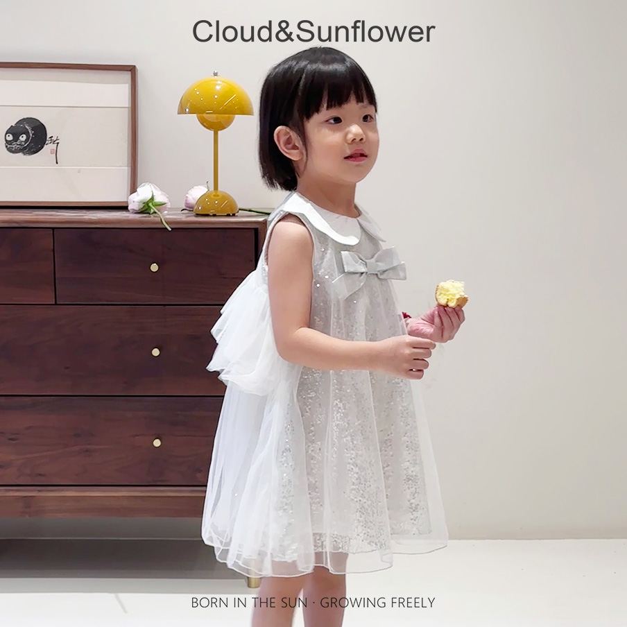 【云朵小葵】女童夏季银色亮闪闪公主风蝴蝶结无袖连衣裙1114021