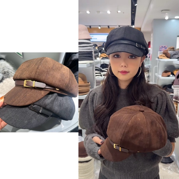 秋冬新款皮带平顶帽女日系复古英伦风时尚报童帽鸭舌八角贝雷帽潮