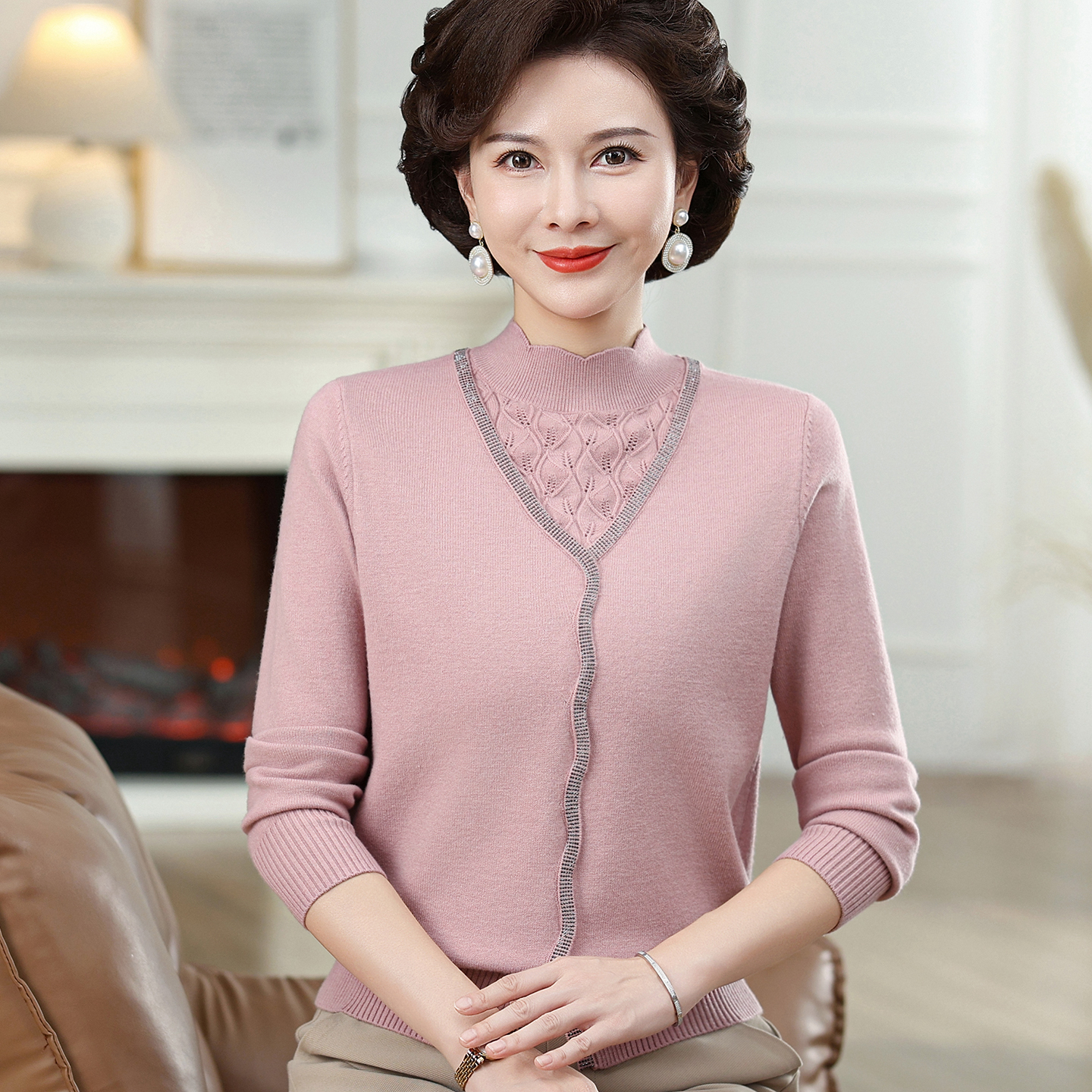 秋冬中老年女装洋气半高领针织打底毛衣【2508】