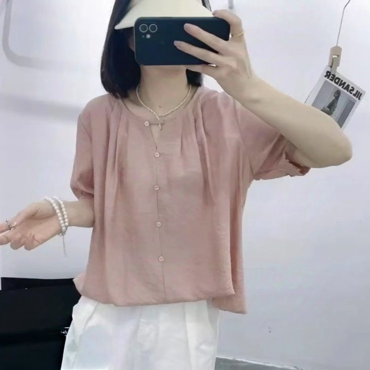 新款短袖通勤圆领镂空V口娃娃衬衫上衣色减龄显瘦遮肉夏季女装