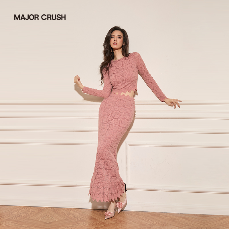 MAJOR CRUSH新款优雅粉色织花套裙气质蕾丝修身显瘦包臀63009