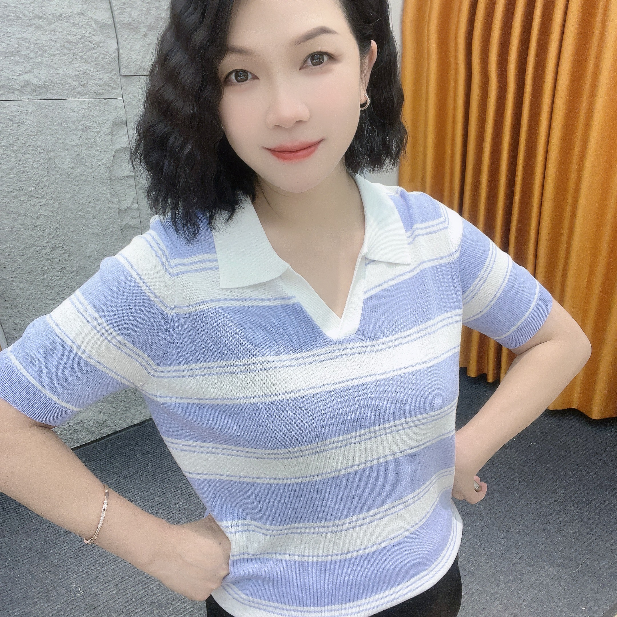 5195夏季复古条纹撞色POLO衫V领短袖【大米家上衣】设计感小众洋气