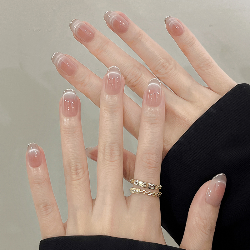 米哩米纯手工甲片穿戴美甲纯欲法式猫眼2025流行裸色短款白茶清欢