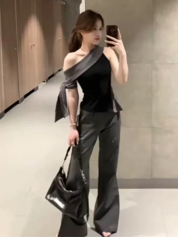 越野兔一字肩条纹领飘带可绑带短袖上衣