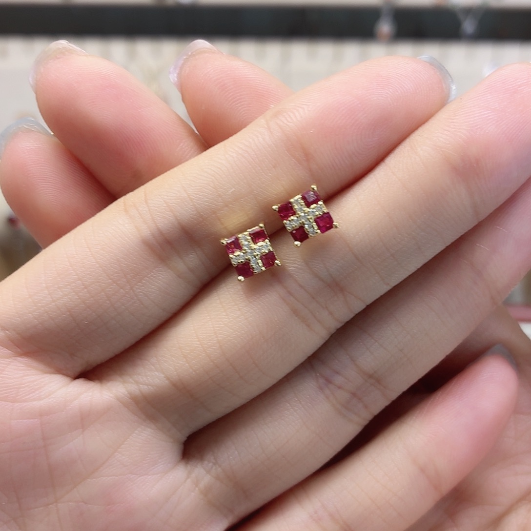 耳饰银S925镶嵌红宝石