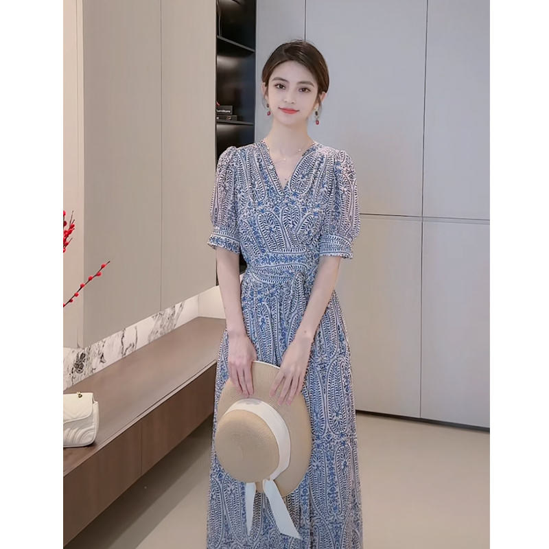 反季清仓~青花瓷气质高级感收腰高腰长裙