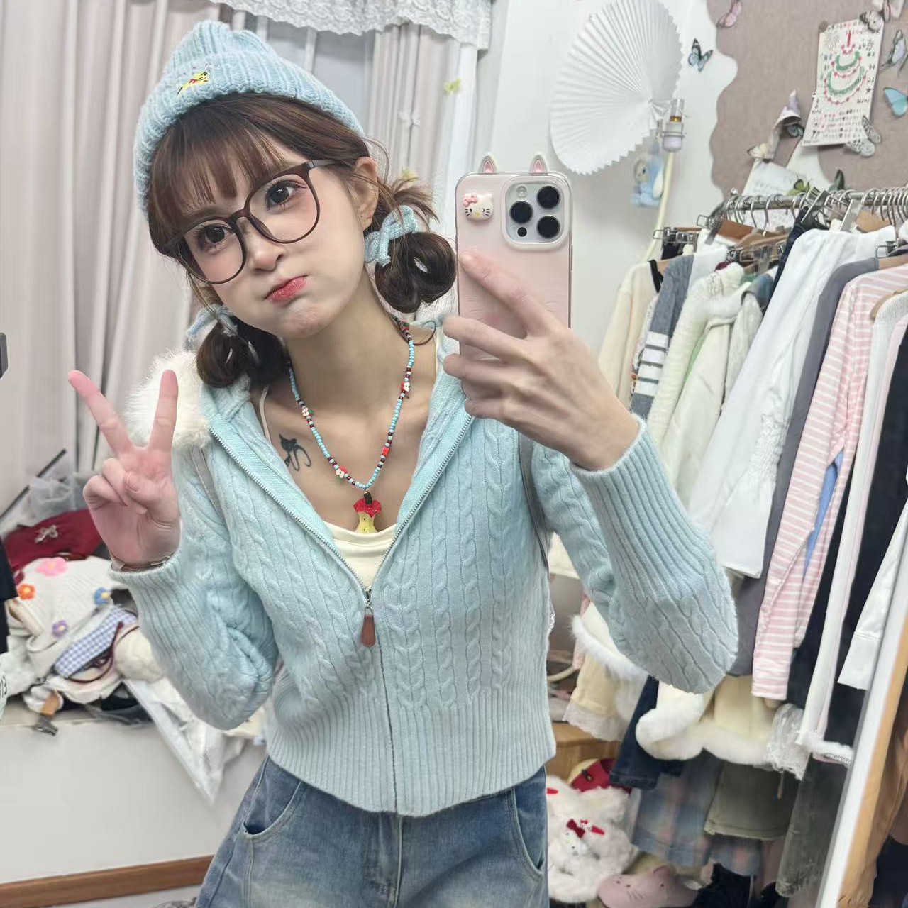 蓝白毛毛连帽针织毛衣外套，！！！实物以直播间为准！！！