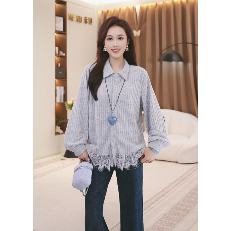 法式条纹拼接翻领长袖衬衫女2025秋季新款宽松百搭上衣TU31134