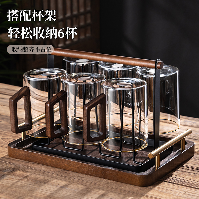 高硼硅创意玻璃杯家用客厅大号轻奢木把加厚喝水杯子待客水具耐热