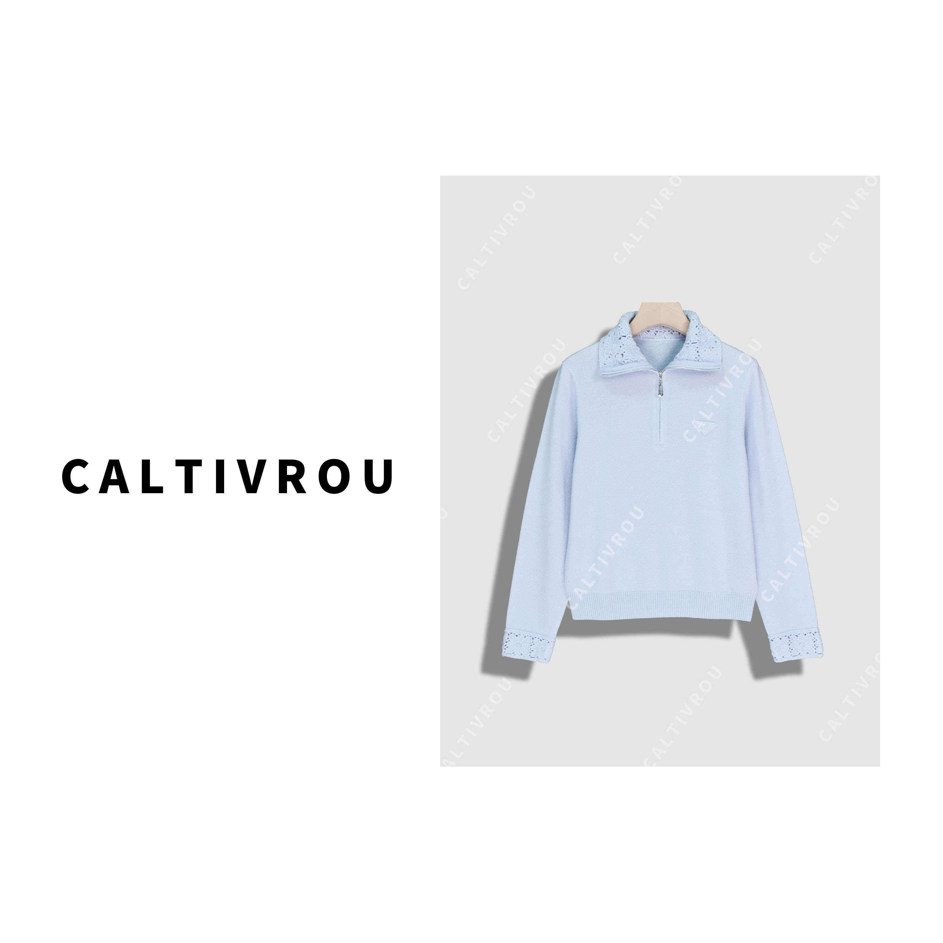 【璐璐】【100%羊毛】半拉链钩花设翻领羊毛针织衫-Y20324