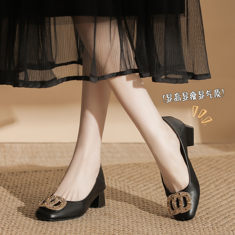 牛皮超软法式高跟裸色配裙子晚晚风浅口方头黑色工作皮鞋单鞋女鞋