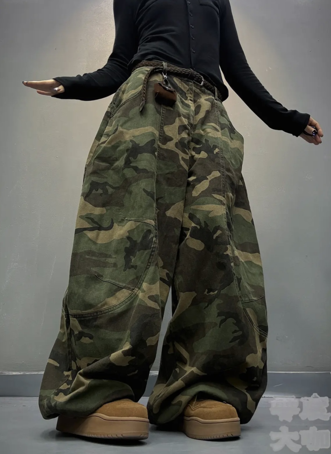 FH8980款弯刀厚款宽松秋冬松紧腰长裤休闲裤做旧迷彩军绿复古