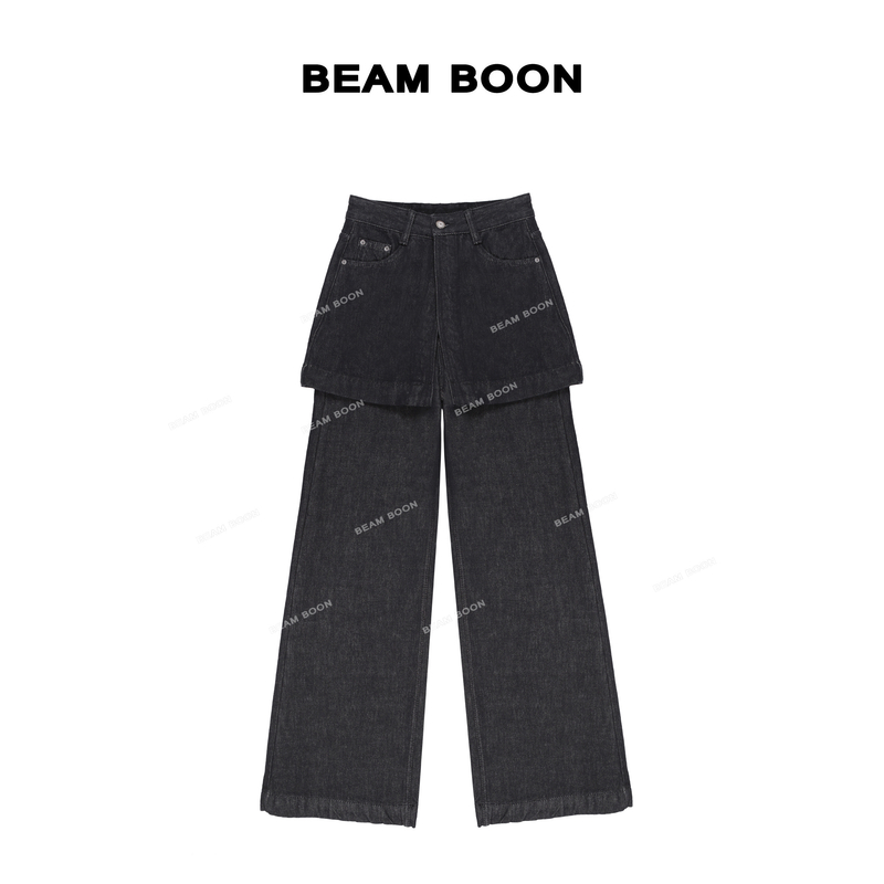 Beam Boon|【超模叠叠裤】梨形福音植绒高腰显瘦叠穿短裙直筒牛仔裤