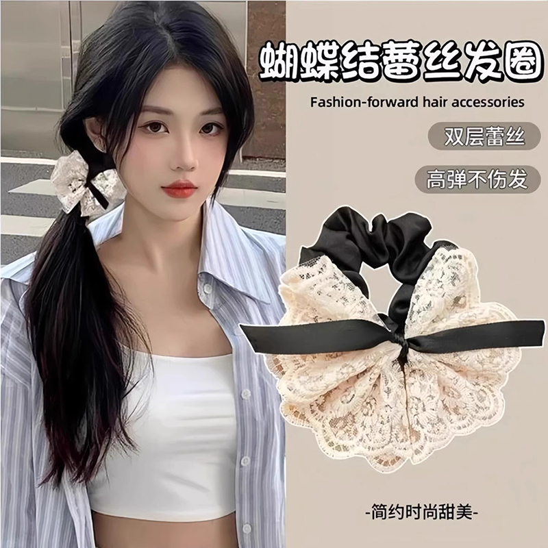 甜美双层刺绣蕾丝发圈韩系复古蝴蝶结小肠发圈通用皮筋发饰发绳女