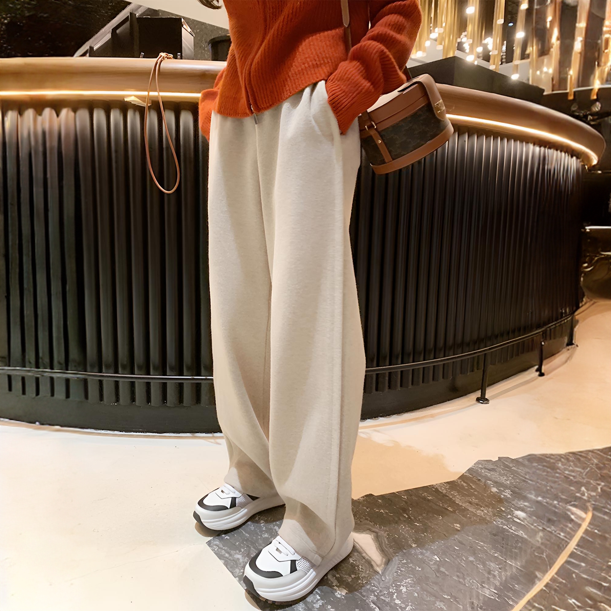 FL2192019秋季新款针织阔腿裤拼接休闲裤女运动风百搭设计感长裤