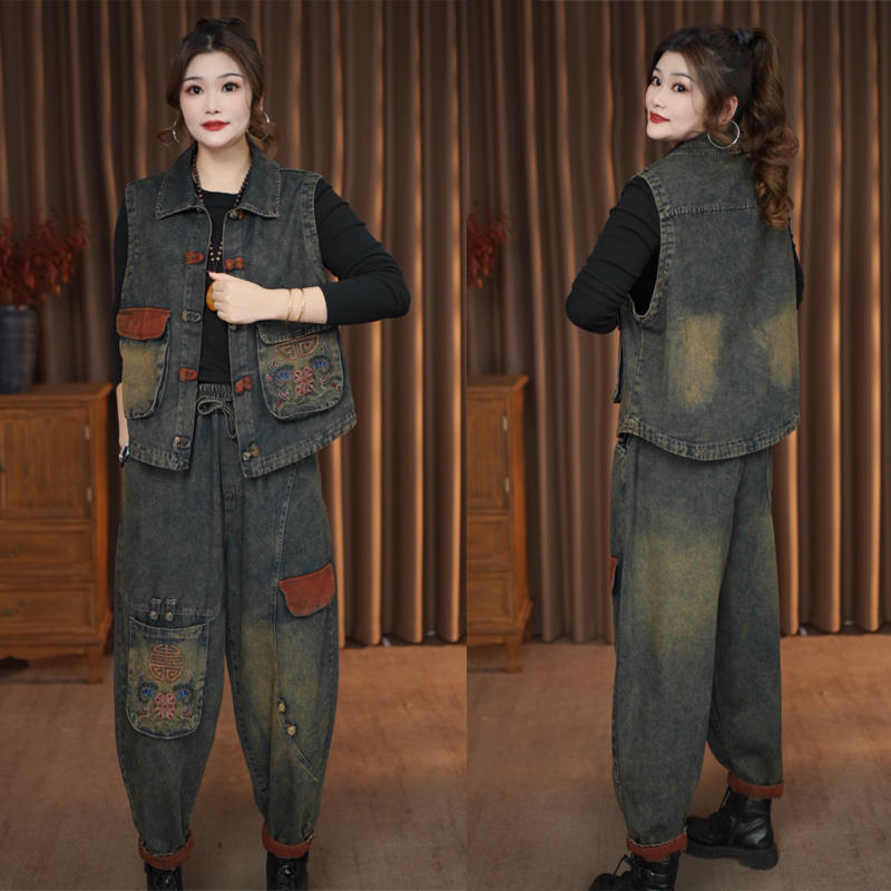 2505春装民族风孔雀花刺绣女式牛仔马夹套装宽松复古炒色哈伦裤