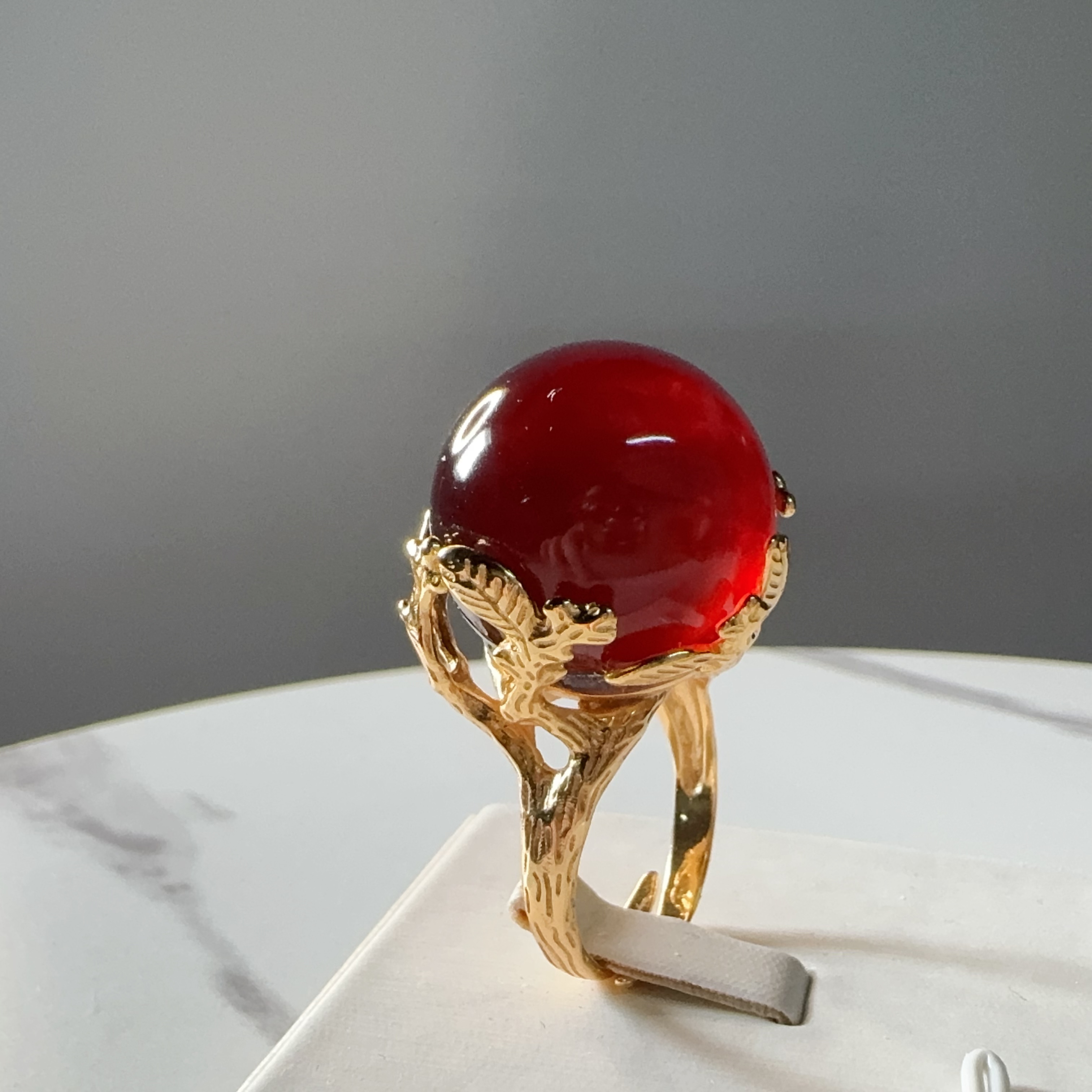 天然缅甸琥珀圆珠戒指20MM+925银镶嵌设计款生命之树戒指