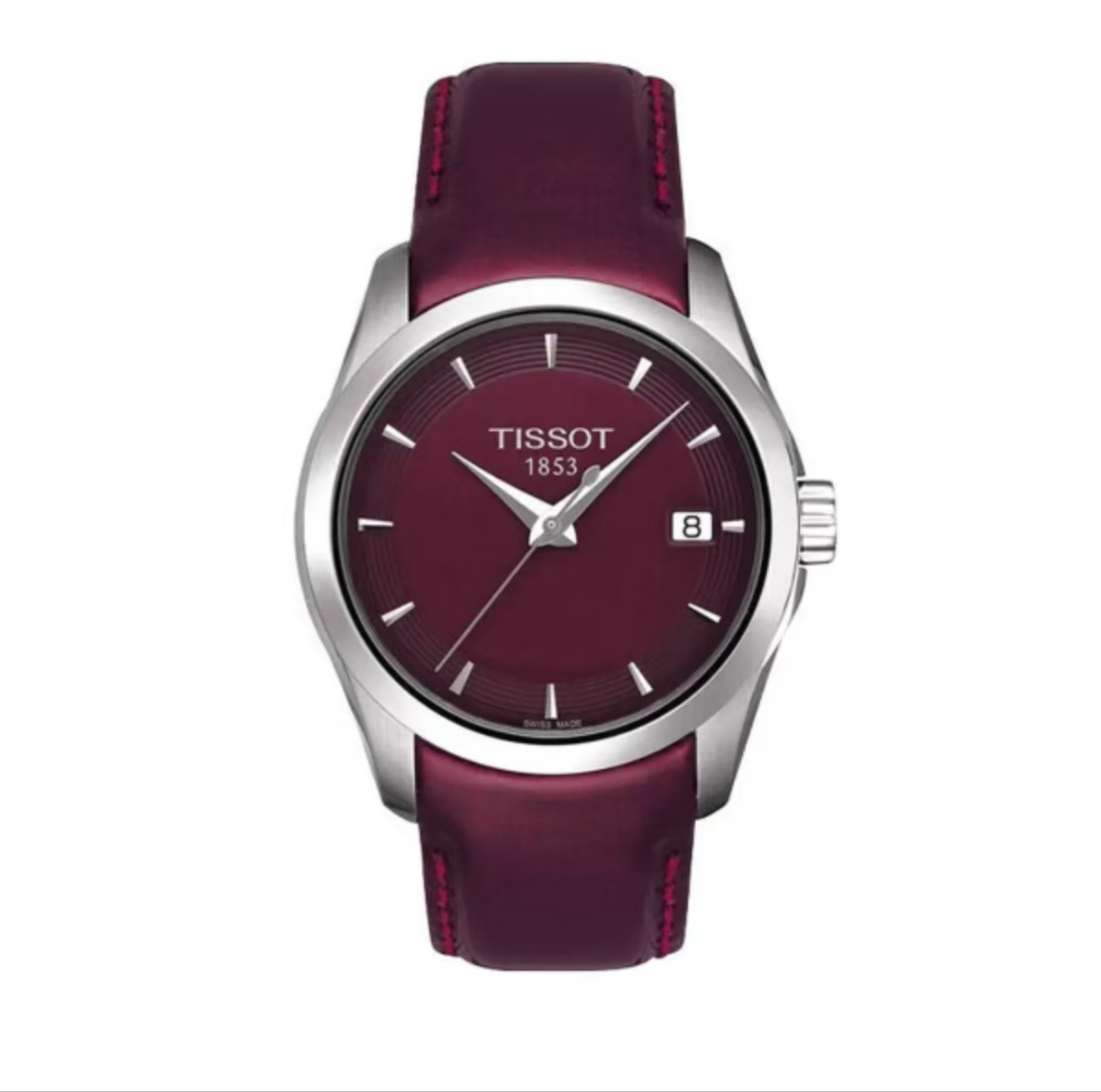 99新 Tissot/天梭 库图系列女士石英腕表酒红表盘皮带款