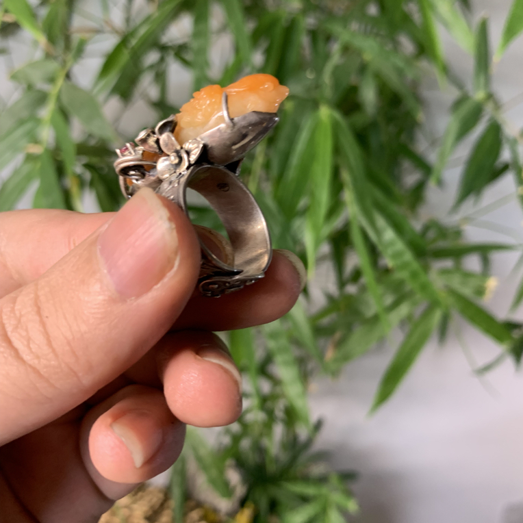 s925银镶天然翡翠小鸟设计款开口戒指