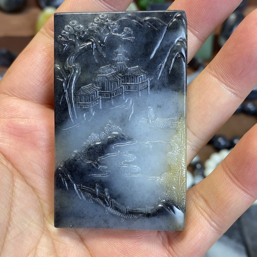 和田玉未镶嵌挂件新疆和田玉青花三色山水挂件牌子