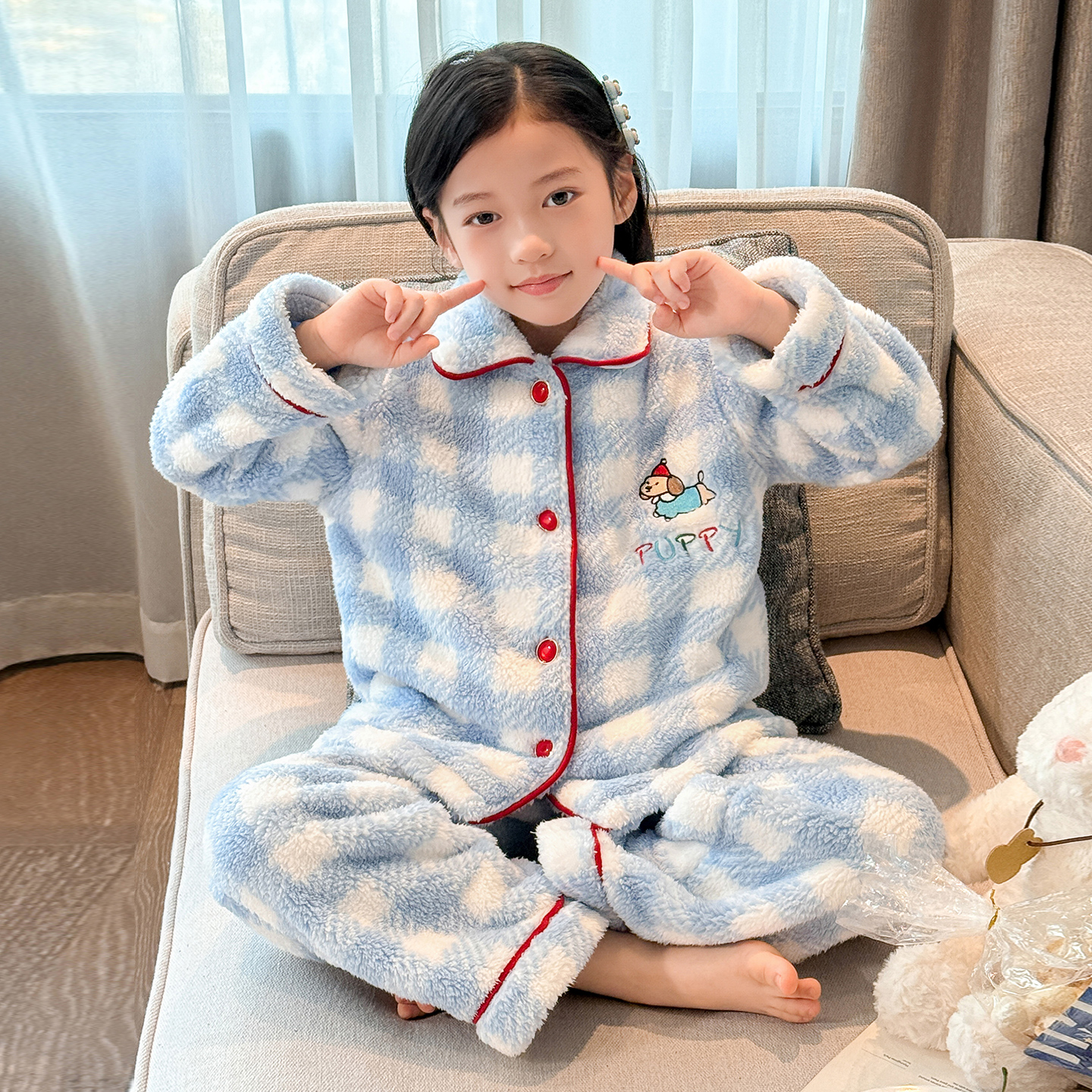 女童冬季法兰绒睡衣加厚套装珊瑚绒中大童儿童开衫家居服2363