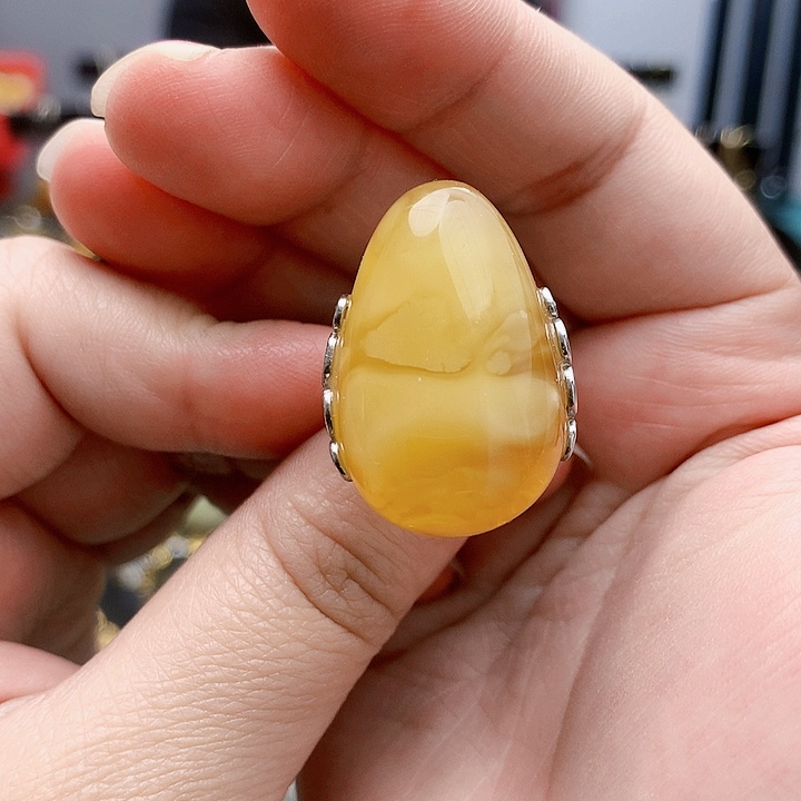 琥珀裸石银S925镶嵌戒指