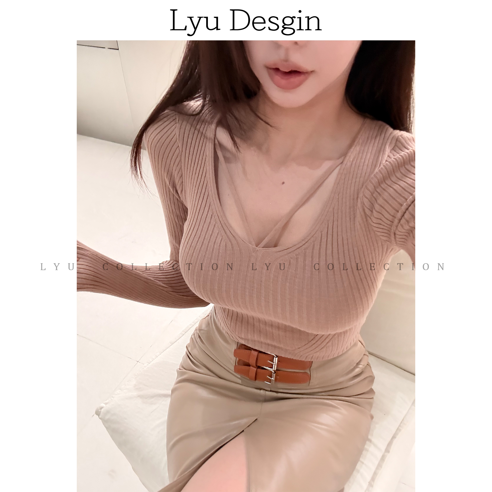 【LYU律律】气质修身V领设计感针织显瘦打底衫L145