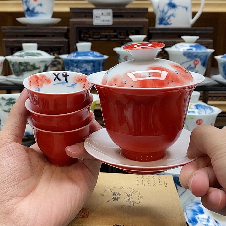 手绘龙船花盖碗160cc➕4个同款杯子釉下彩微瑕福利款