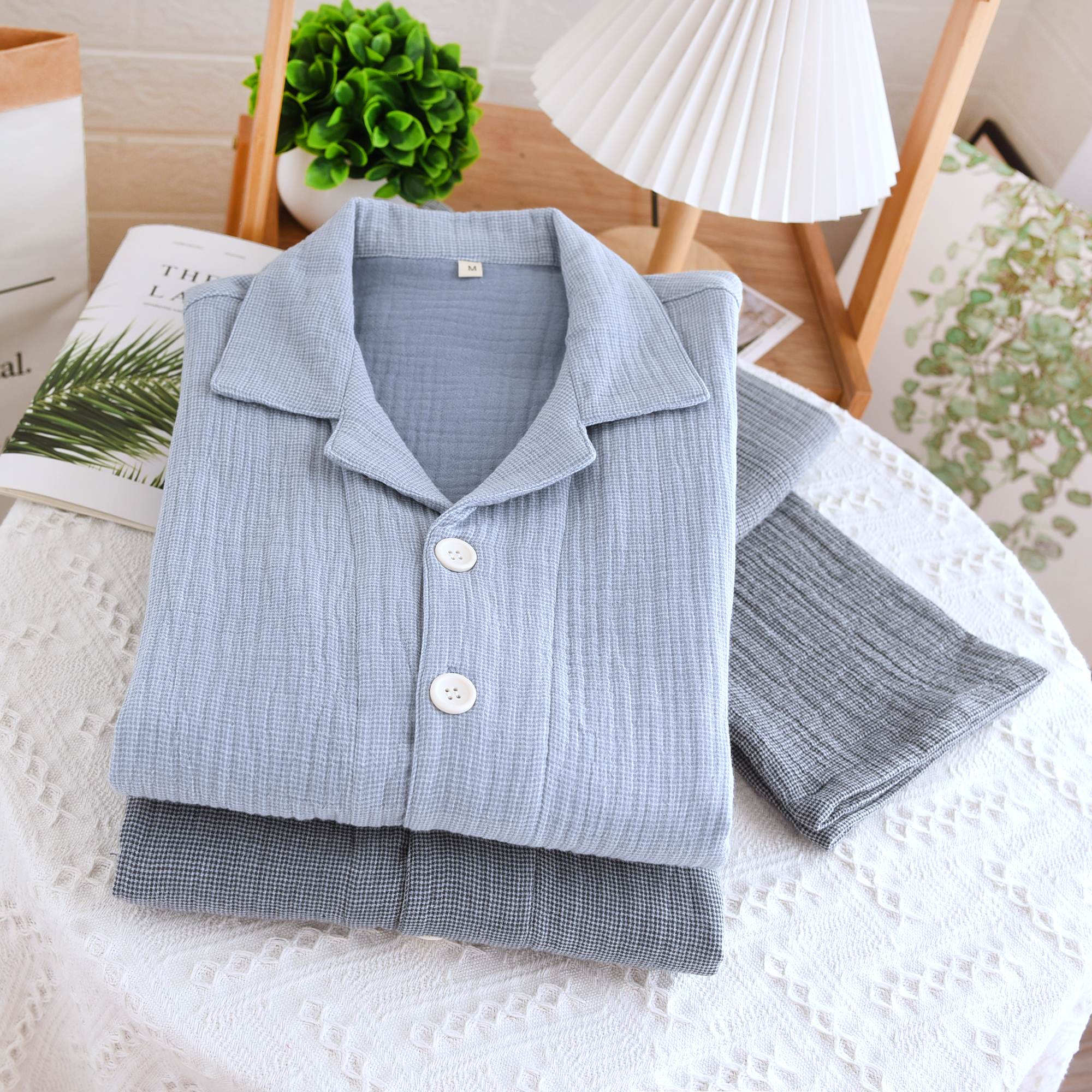 男士全棉四层棉纱秋季新款透气吸汗睡衣家居服套装柔软亲肤春秋