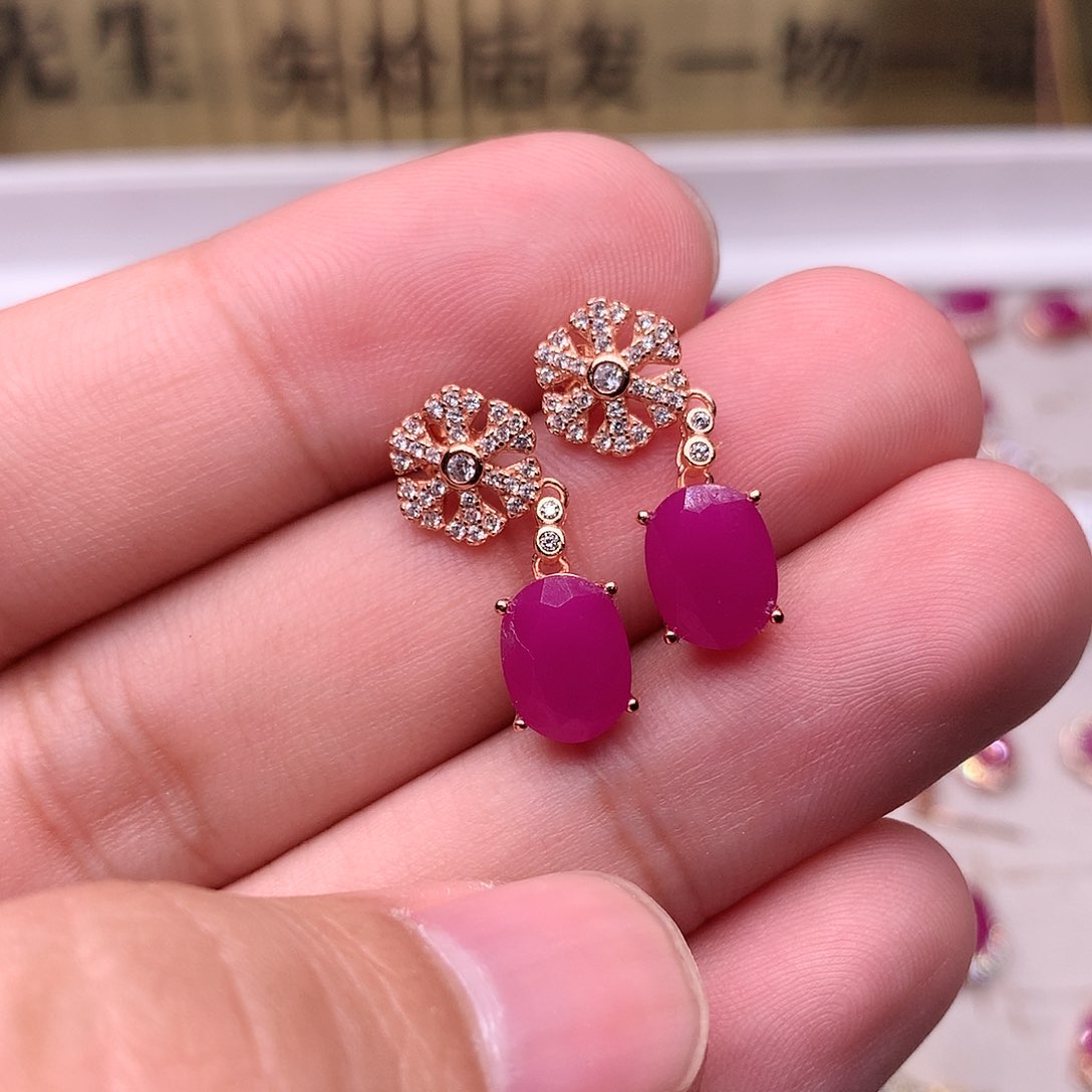 红宝石耳饰银S925镶嵌