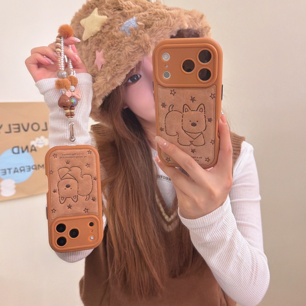 隆隆金适用苹果17手机壳棕底星星线条西高地16promax保护套14/15
