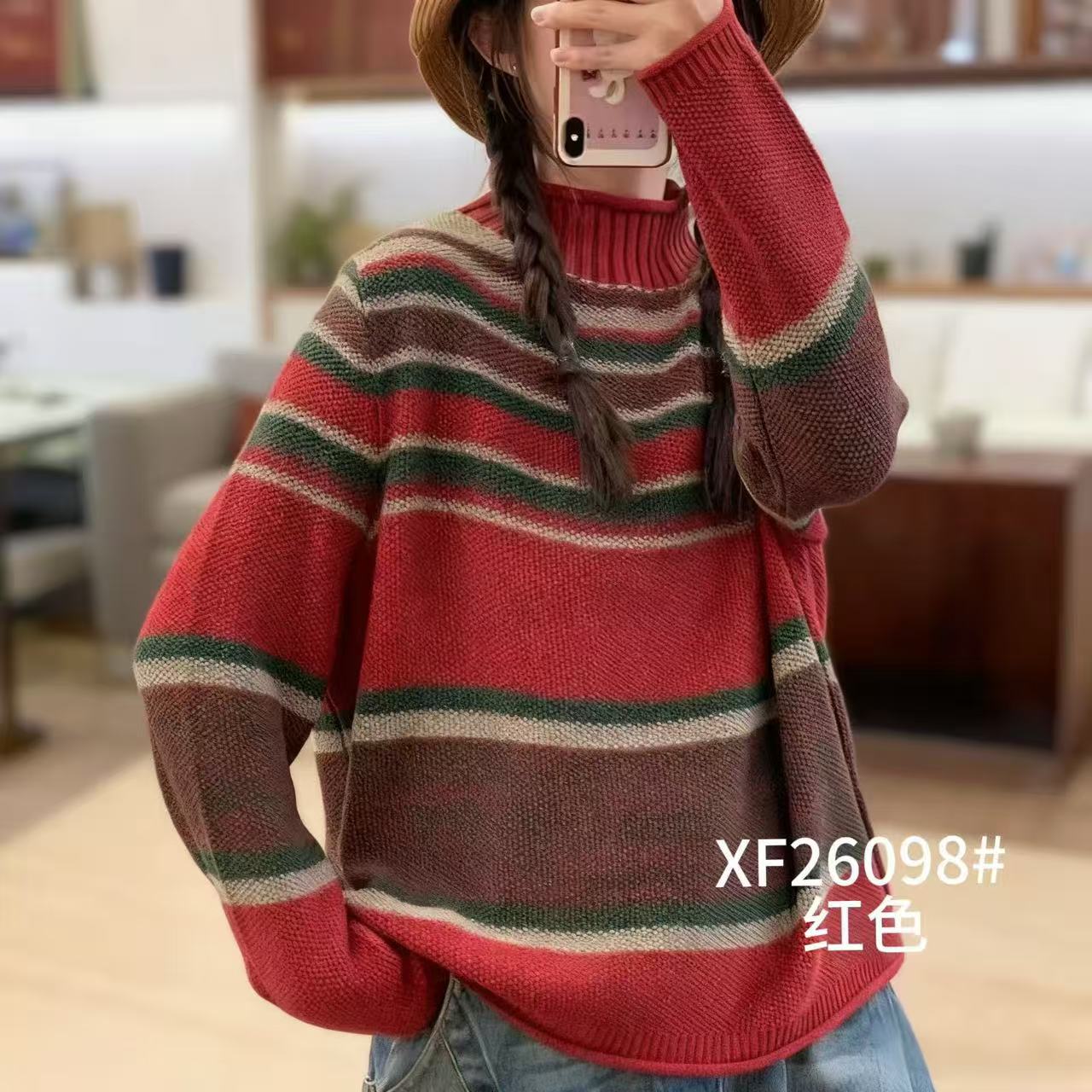 【彩色毛衣】秋冬加厚款棉线编织条纹花型圆领毛衣90-160斤