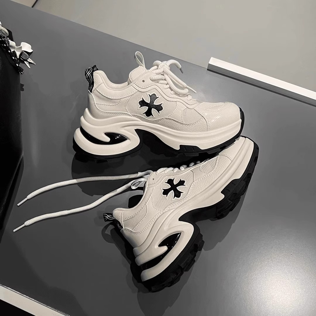 增高7.5cm~真皮十字花厚底老爹鞋女春季新款透气跑步鞋休闲运动鞋