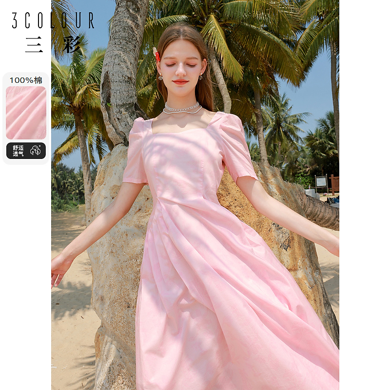 【品牌福利】三彩独醒2024夏季新款条纹连衣裙法式方领泡泡袖dbq