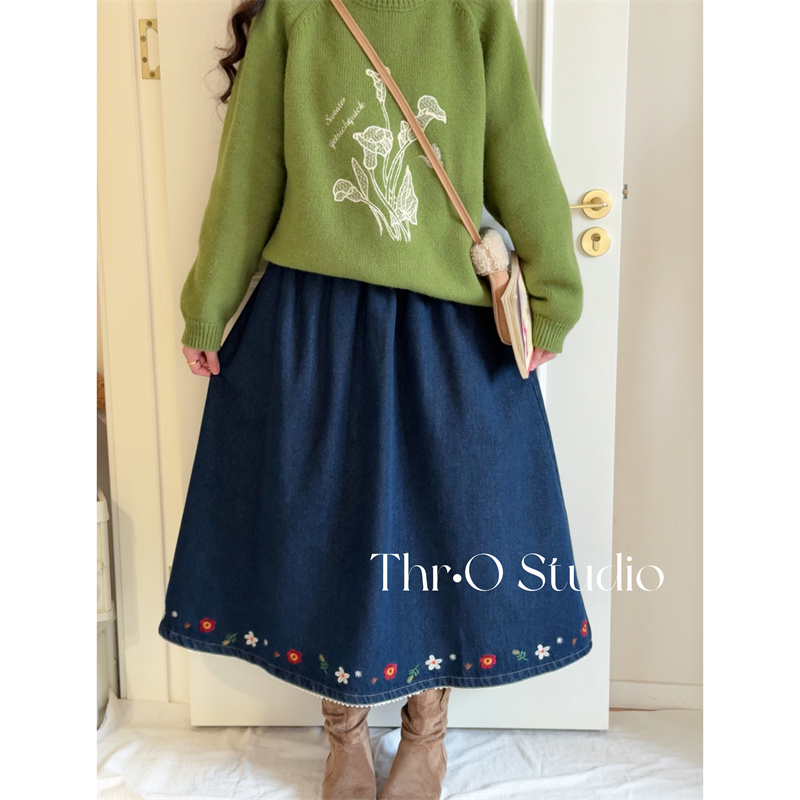 【花花牛仔】文艺复古刺绣牛仔半身裙秋冬高腰显瘦中长款a字裙子