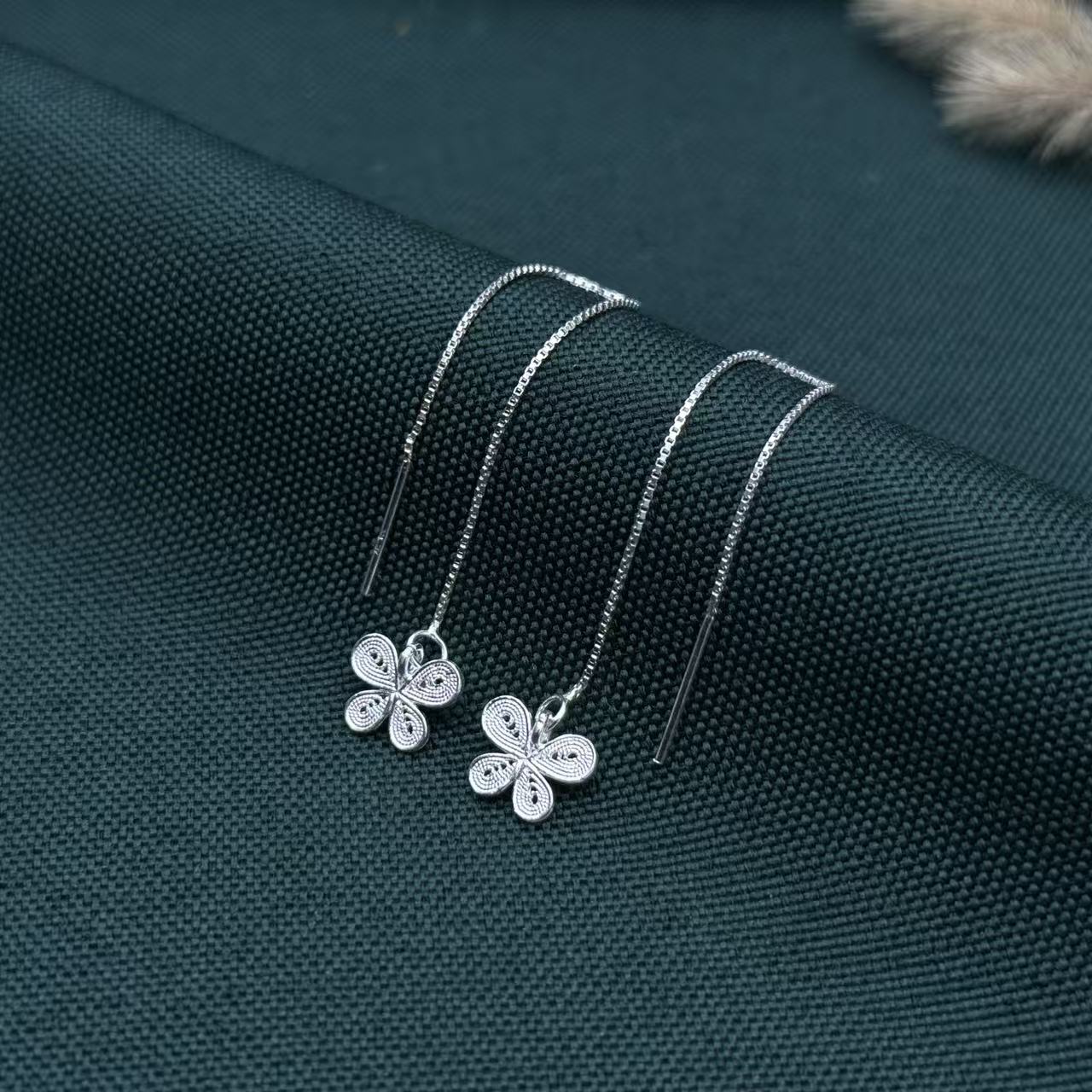 足银耳饰 银笙蔓 四瓣花坠长款耳坠纯银 时尚潮流气质女款EH15