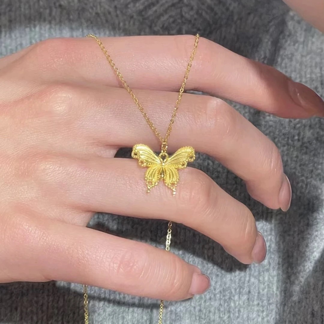钛钢吊坠 古法花丝立体蝴蝶项链女吊坠复古气质高级感锁骨链