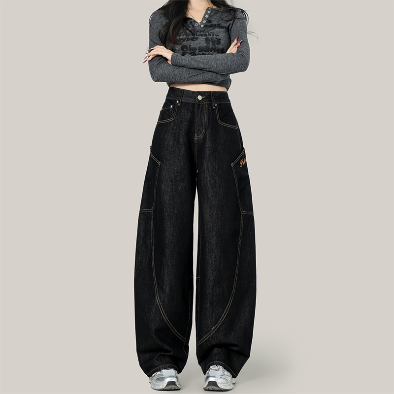 黑色弯刀阔腿牛仔裤女2025春秋高腰显瘦设计感香蕉镰刀裤