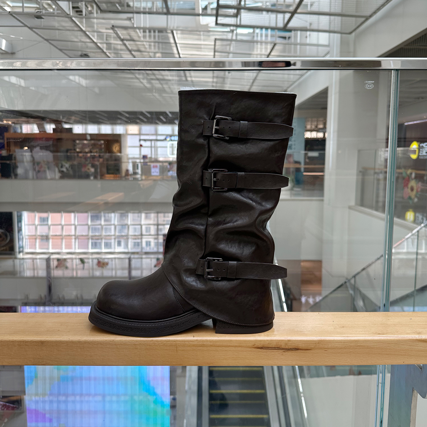 冰伊尚2025辣妹裤管靴~6.5cm增高扣带中筒西部骑士长靴女堆堆短靴