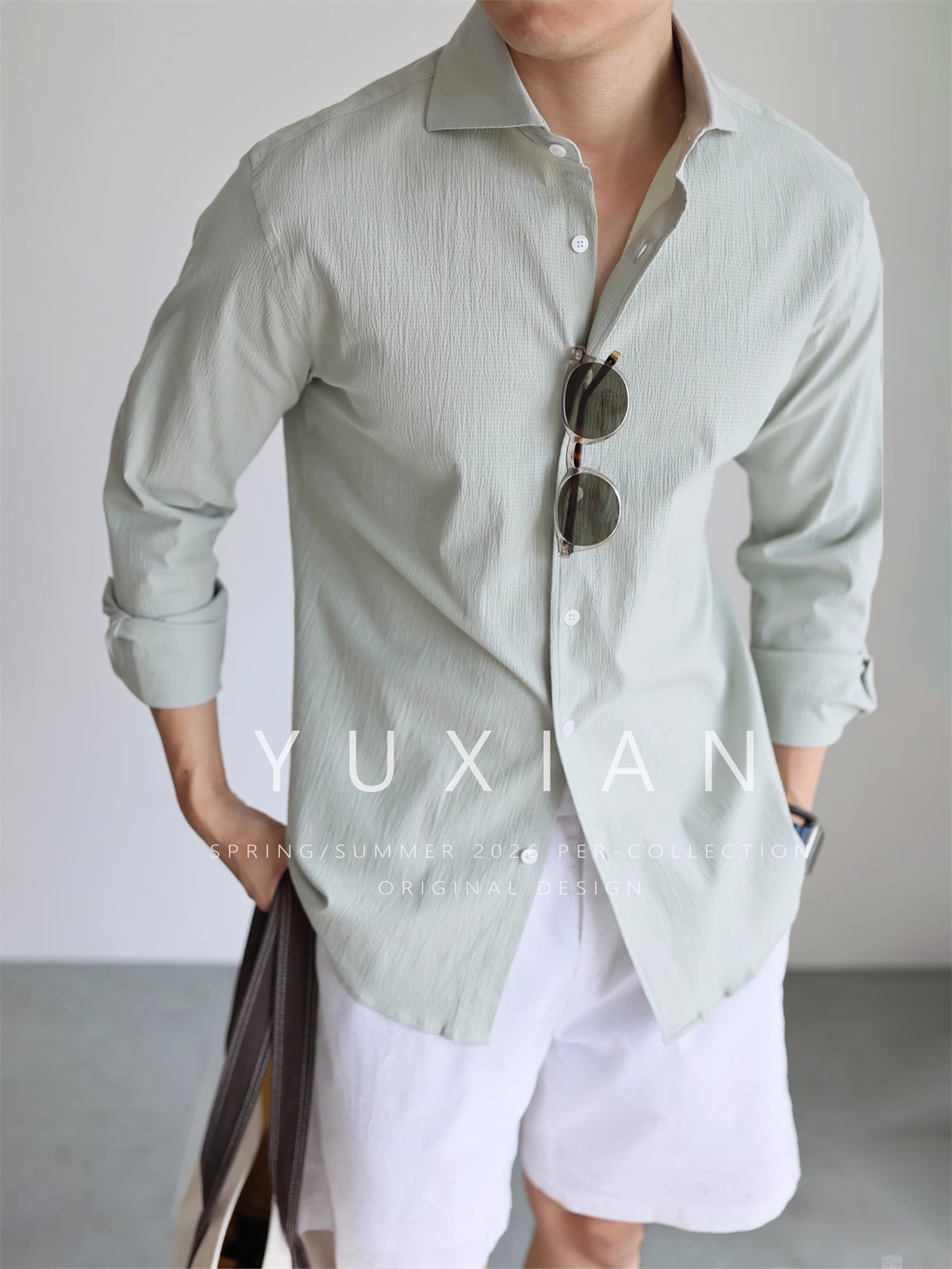 YUXIAN轻盈泡泡纱肌理纯棉透气吸湿速干休闲商务长袖衬衫春夏秋季