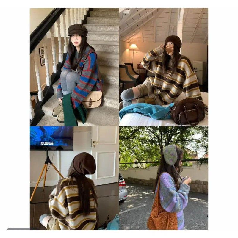 秋冬新款韩系加厚撞色条纹毛衣慵懒松弛软糯套头针织衫女