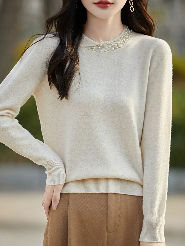 圆领钉珠羊毛衫上衣高端柔软